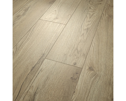 Revêtement de sol stratifié aspect chêne avec veinage de bois authentique et nœuds.