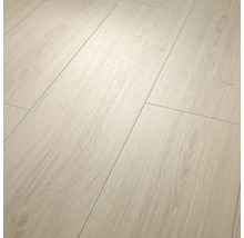 Revêtement de sol stratifié décor bois clair avec veinures et nœuds.