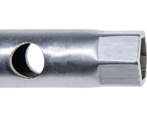 Detailansicht eines Rohrsteckschlüssels aus Metall mit Sechskant-Profil und Bohrung für einen Drehstift.
