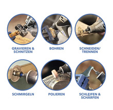 Applications d'un outil multifonction : gravure, sculpture, perçage, découpe, ponçage, polissage, meulage et affûtage.