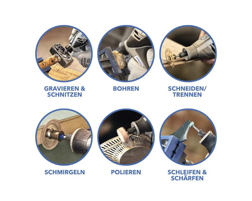 Applications d'un outil multifonction : gravure, sculpture, perçage, découpe, ponçage, polissage, meulage et affûtage.