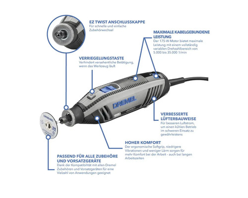 Outil multifonction Dremel 4250 avec embout EZ Twist, moteur de 175 watts, poignée ergonomique et conception de ventilateur améliorée.