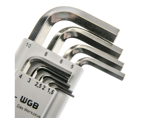 WGB Innensechskantschlüsselsatz im weißen Halter, Größen 1,5 bis 10 Millimeter.