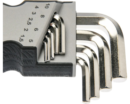 Winkelschlüsselsatz für Innensechskantschrauben in einem Halter, Größen eins Komma fünf bis zehn Millimeter.