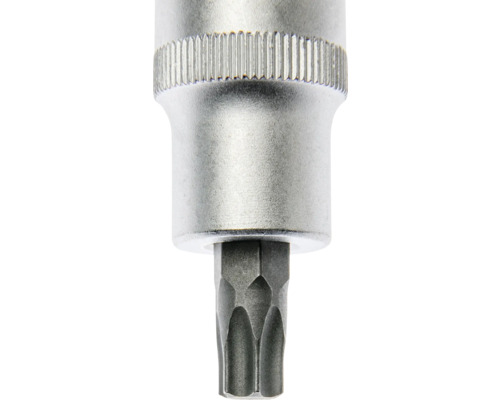 Douille argentée avec embout Torx en métal avec bord moleté.
