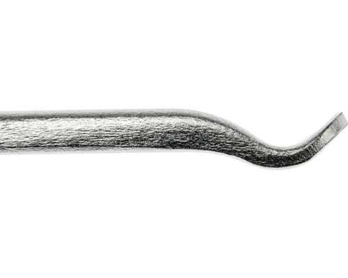 Pointe métallique courbée d'un pied-de-biche avec surface texturée.