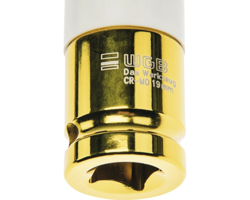 WGB Steckschlüsseleinsatz aus Chrom-Molybdän, 19 Millimeter. WGB Logo.