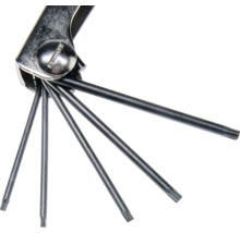 Klapp-Schlüsselsatz mit Torx-Schlüsseln aus Metall in verschiedenen Größen.