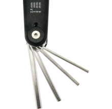 Innensechskantschlüssel-Set klappbar mit schwarzem Griff, silberne Schlüssel in den Größen 2,5 Millimeter, 3 Millimeter, 4 Millimeter, 5 Millimeter.