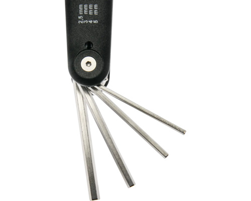 Innensechskantschlüssel-Set klappbar mit schwarzem Griff, silberne Schlüssel in den Größen 2,5 Millimeter, 3 Millimeter, 4 Millimeter, 5 Millimeter.