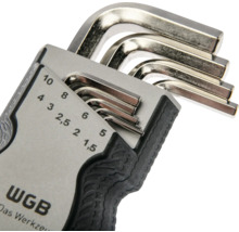 WGB Inbusschlüsselsatz aus Metall in einer Halterung mit Größenangaben von 1,5 bis 10 Millimeter.