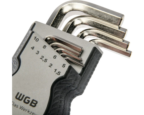 WGB Inbusschlüsselsatz aus Metall in einer Halterung mit Größenangaben von 1,5 bis 10 Millimeter.