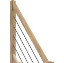 Treppengeländer aus Holz mit Handlauf und parallel verlaufenden Edelstahlstäben.