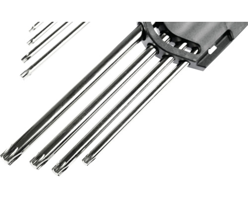 Torx-Stiftschlüsselsatz aus verchromtem Metall in schwarzem Halter.