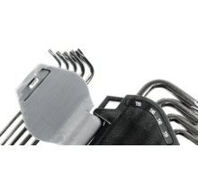 Torx-Winkelschlüsselsatz aus verchromtem Stahl in einem klappbaren Halter aus Kunststoff mit eingeprägten Größenbezeichnungen.