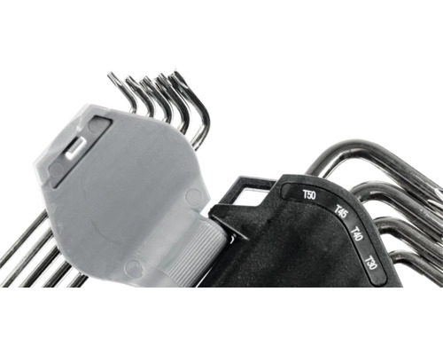 Torx-Winkelschlüsselsatz aus verchromtem Stahl in einem klappbaren Halter aus Kunststoff mit eingeprägten Größenbezeichnungen.