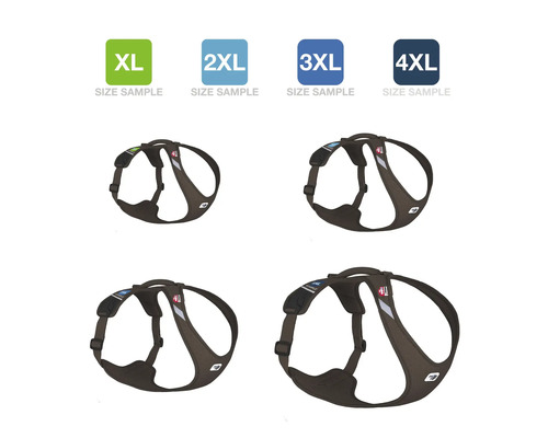 Größenvergleich von Hundegeschirren XL bis 4XL, braunes Mesh-Gewebe mit Reflektoren und Haltegriff.