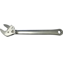 Verstellbarer Gabelschlüssel aus Metall mit Druckknopf zur Einstellung und einem Loch im Griff.