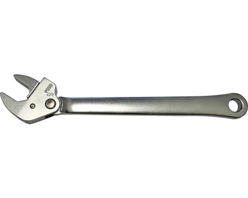 Verstellbarer Gabelschlüssel aus Metall mit Druckknopf zur Einstellung und einem Loch im Griff.
