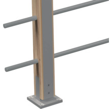 Moderner Geländerpfosten aus Holz und Metall mit Querstäben zur Befestigung auf dem Boden.