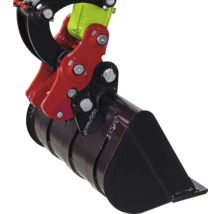 Godet noir pour mini-pelle avec support rouge, articulation jaune et boulons métalliques.