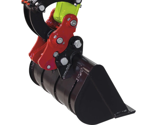 Godet noir pour mini-pelle avec support rouge, articulation jaune et boulons métalliques.