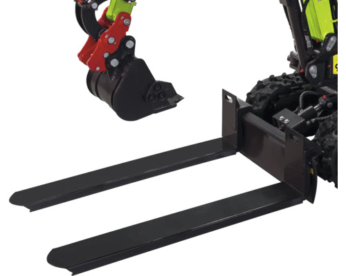 Fourche à palettes et godet pour mini-pelle en acier noir robuste.