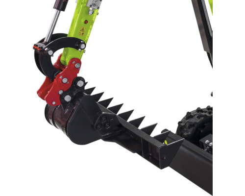 Godet d'excavatrice avec grappin denté noir et rouge en acier pour mini-pelle.