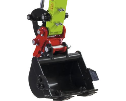 Godet rétro pour mini-pelle avec attache rapide et bras de pelle en métal de couleur noir, rouge et vert.