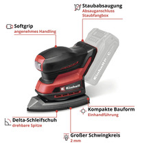 Einhell Akku-Multischleifer mit Softgrip, Staubabsaugung, drehbarem Delta-Schleifschuh, kompakter Bauform und zwei Millimeter Schwingkreis.