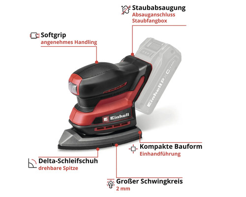 Einhell Akku-Multischleifer mit Softgrip, Staubabsaugung, drehbarem Delta-Schleifschuh, kompakter Bauform und zwei Millimeter Schwingkreis.