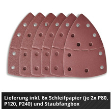 Sechs dreieckige Schleifpapiere für Multischleifer mit Lochung in den Körnungen 80, 120 und 240.