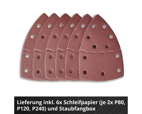 Sechs dreieckige Schleifpapiere für Multischleifer mit Lochung in den Körnungen 80, 120 und 240.