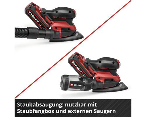 Einhell Akku-Multischleifer mit Staubfangbox und Anschluss für externe Staubabsaugung.