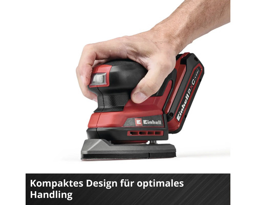 Einhell Akku-Multischleifer in kompakter Bauweise wird von einer Hand gehalten für optimales Handling.