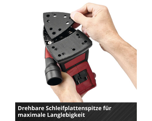 Multischleifer mit drehbarer Schleifplattenspitze für eine längere Haltbarkeit der Schleifblätter.