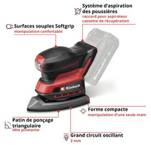 Einhell Akku-Multischleifer mit dreieckiger Schleifplatte, Staubabsaugung, Softgrip-Flächen und kompaktem Design für Einhandbedienung.
