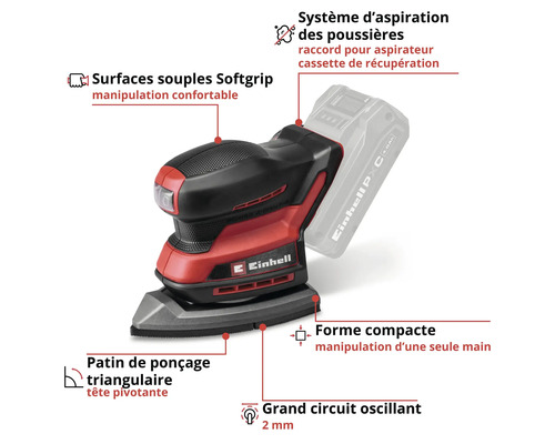 Einhell Akku-Multischleifer mit dreieckiger Schleifplatte, Staubabsaugung, Softgrip-Flächen und kompaktem Design für Einhandbedienung.