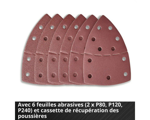 Sechs perforierte Schleifblätter für Deltaschleifer in den Körnungen P80, P120 und P240.