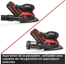 Einhell Akku-Multischleifer mit zwei Staubabsaugungs-Optionen: externer Staubsaugeranschluss und Staubfangbox.