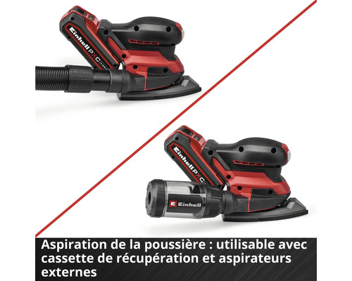 Einhell Akku-Multischleifer mit zwei Staubabsaugungs-Optionen: externer Staubsaugeranschluss und Staubfangbox.