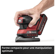 Einhell Akku-Multischleifer in kompakter Bauform für optimale Handhabung, von einer Hand gehalten.