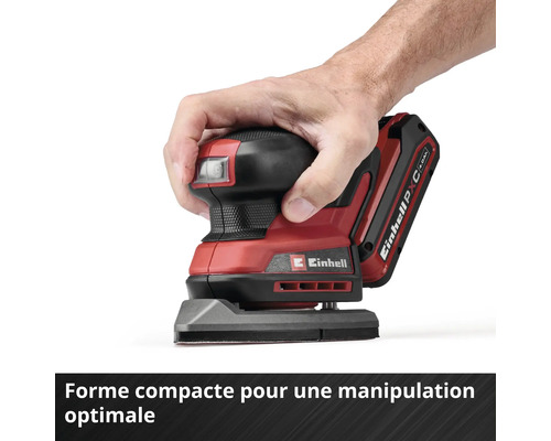 Einhell Akku-Multischleifer in kompakter Bauform für optimale Handhabung, von einer Hand gehalten.