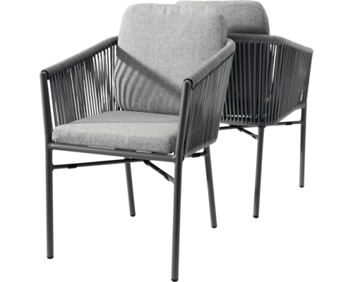 Deux fauteuils de jardin modernes avec structure en métal, tressage en corde sur le dossier et les côtés, et coussins gris.