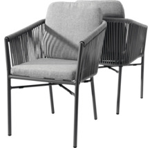Chaises de jardin avec tressage en corde, structure en métal et coussins d'assise et de dossier.