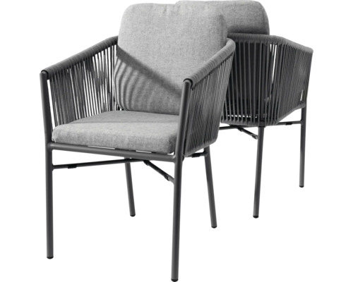 Chaises de jardin avec tressage en corde, structure en métal et coussins d'assise et de dossier.