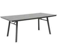 Table de jardin rectangulaire avec plateau gris effet bois et cadre en métal gris foncé.