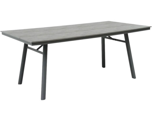 Table de jardin rectangulaire avec plateau gris effet bois et cadre en métal gris foncé.