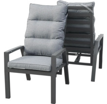 Chaise de jardin à dossier haut avec structure métallique anthracite et rembourrage gris.