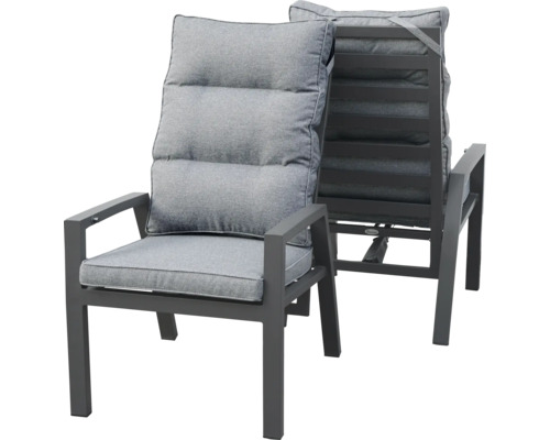 Chaise de jardin à dossier haut avec structure métallique anthracite et rembourrage gris.